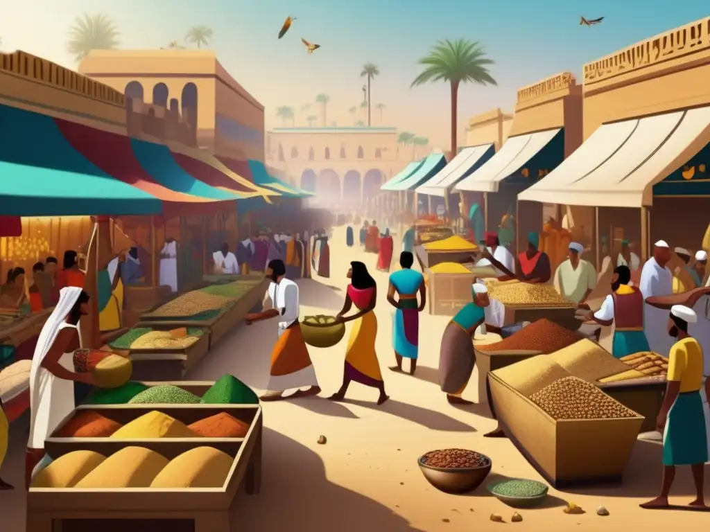Un bullicioso mercado egipcio con detallados puestos de importaciones egipcias de la civilización de Punt