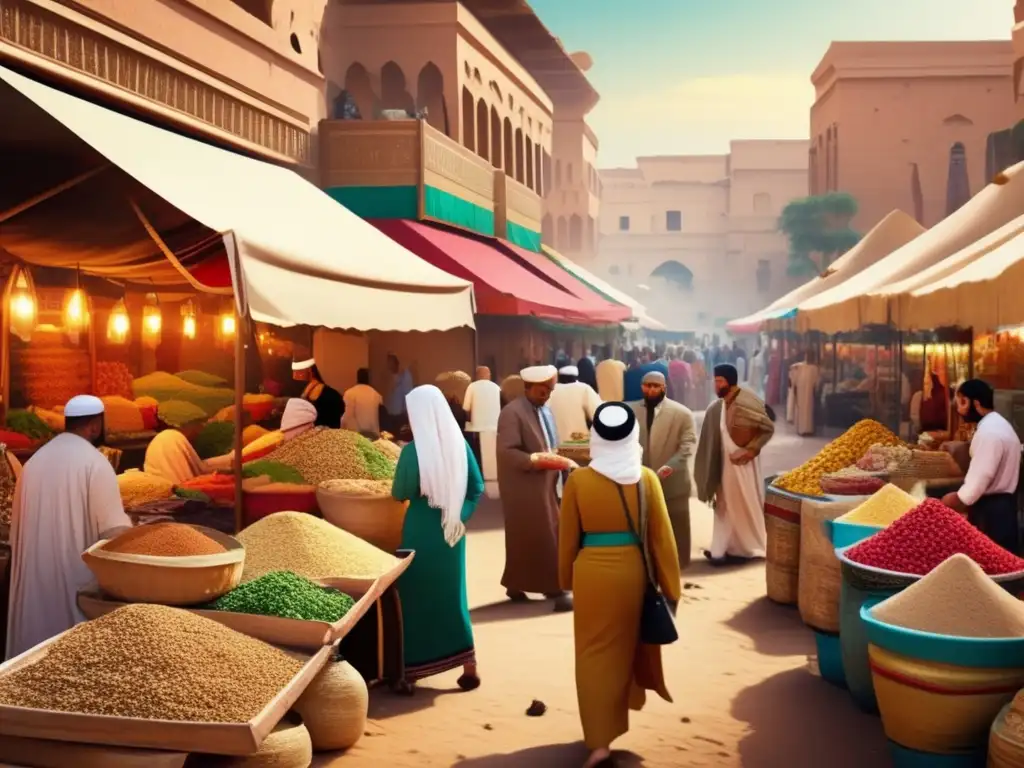 Un bullicioso mercado egipcio de estilo vintage, lleno de vida y sabores