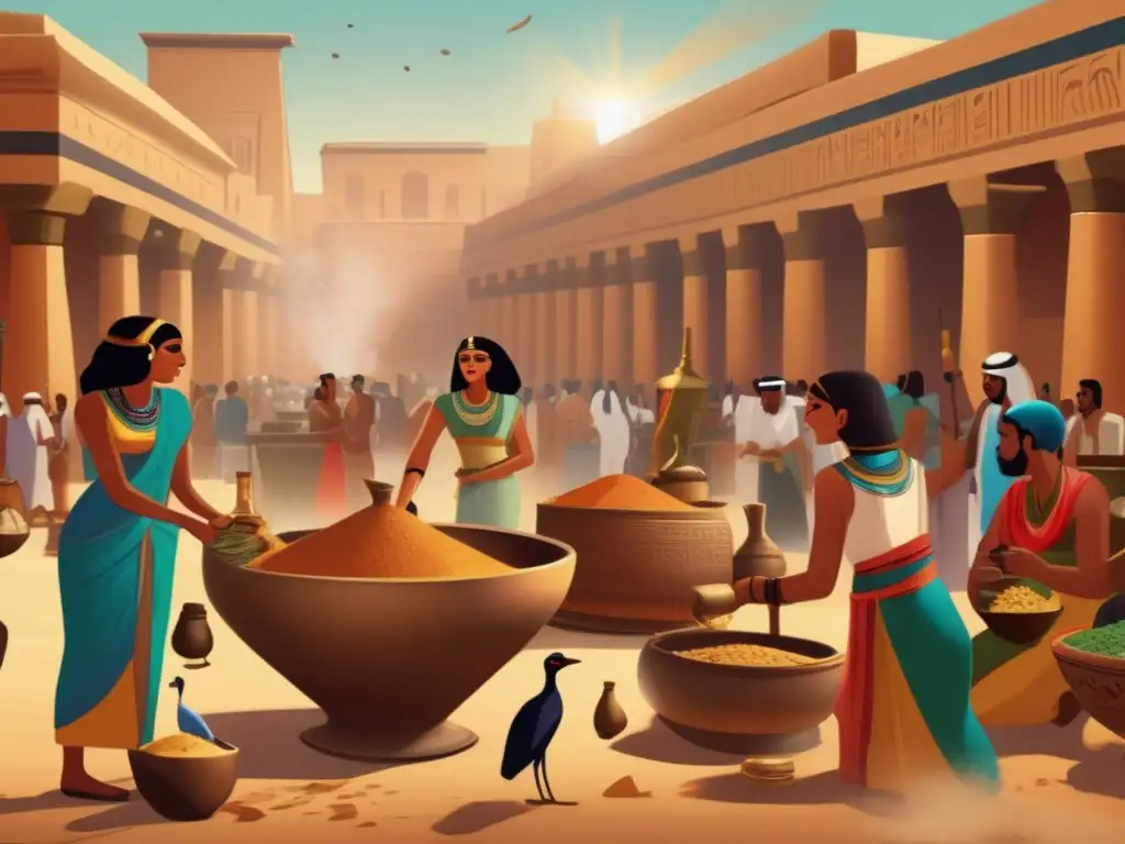 En un bullicioso mercado egipcio, hombres y mujeres preparan la Cerveza de Hathor en Egipto