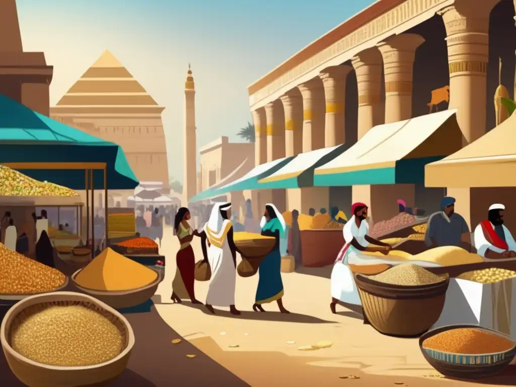 Un bullicioso mercado egipcio muestra la importancia de los granos en Egipto