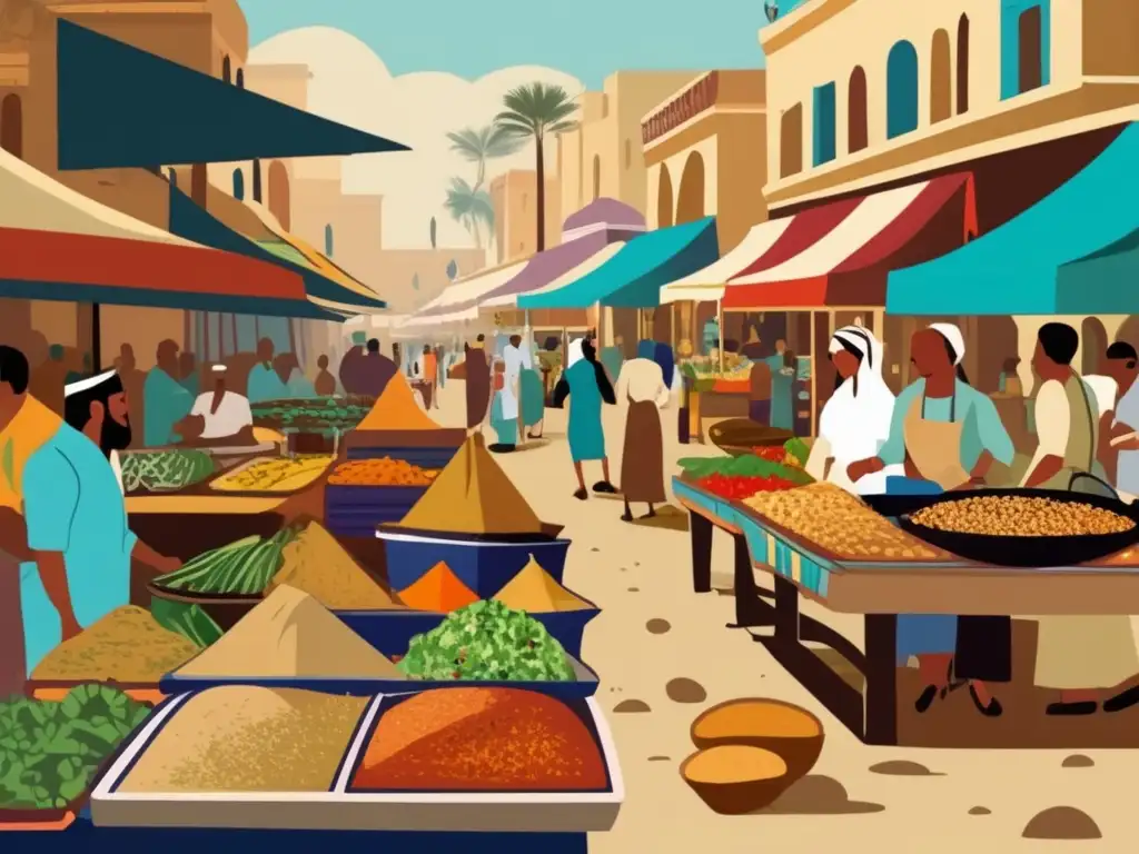 Bullicioso mercado egipcio con influencia de la gastronomía mediterránea: deliciosos platos, colores vibrantes y una atmósfera tradicional