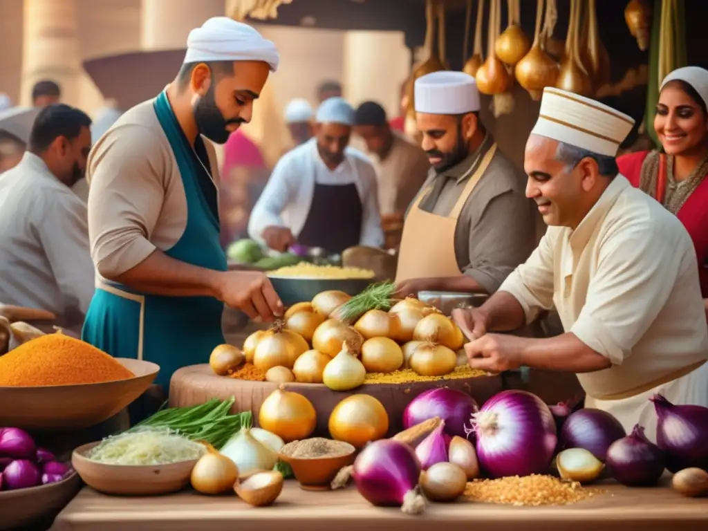Un bullicioso mercado egipcio lleno de cebollas y chalotas coloridas