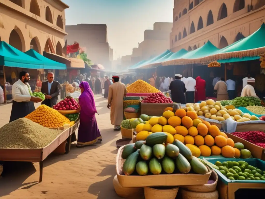 Un bullicioso mercado egipcio lleno de colores vibrantes y puestos de comida