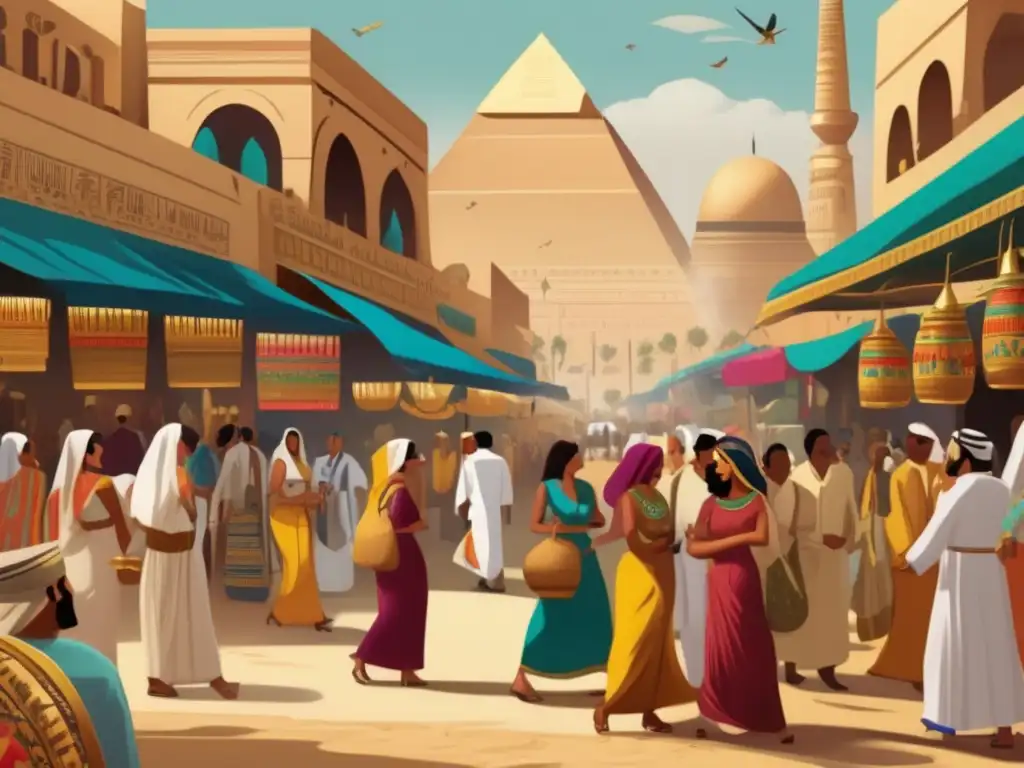 Un bullicioso mercado egipcio lleno de colores vibrantes y actividad frenética