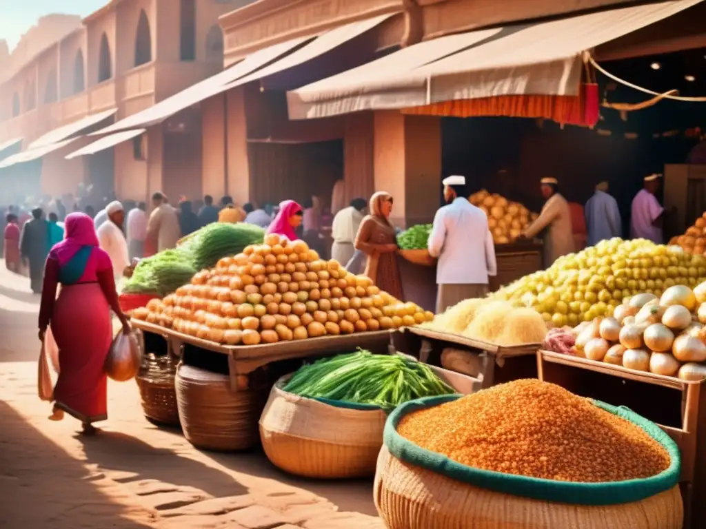 Un bullicioso mercado egipcio, lleno de colores y aromas vibrantes