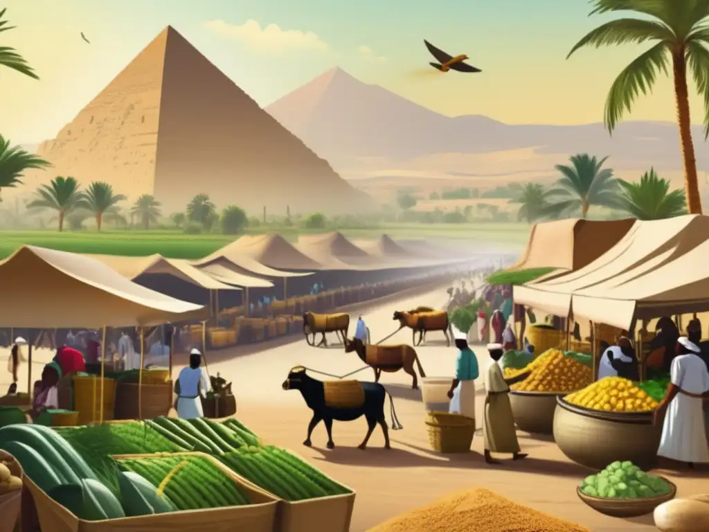 Un bullicioso mercado egipcio con técnicas agrícolas innovadoras y comercio floreciente