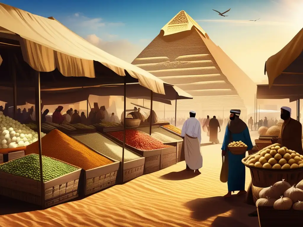 Un bullicioso mercado egipcio con vendedores ofreciendo abundantes ajos y cebollas, alimentos de la inmortalidad en Egipto
