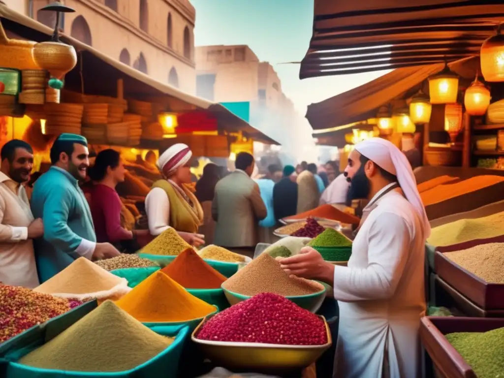 Un bullicioso mercado de especias egipcias con colores vibrantes y una atmósfera animada