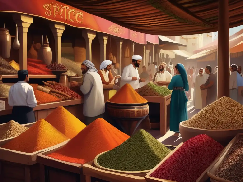 Un bullicioso mercado de especias egipcio, con colores vibrantes y detalles intrincados