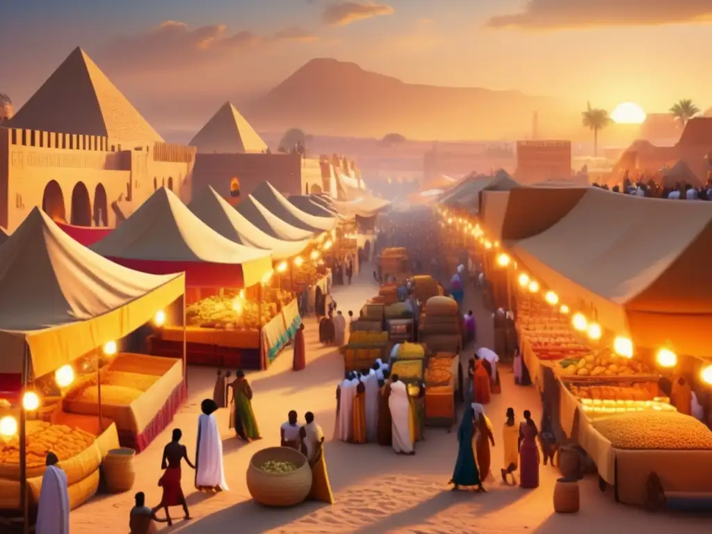 Un bullicioso mercado nubio en el antiguo Egipto, donde se destacan relaciones interculturales Nubia Egipto, con vibrantes colores, músicos y danzas