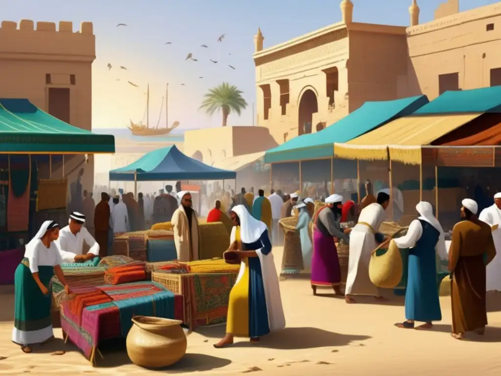 Un bullicioso mercado textil antiguo en Egipto, donde se mezcla el comercio con el Levante Mediterráneo