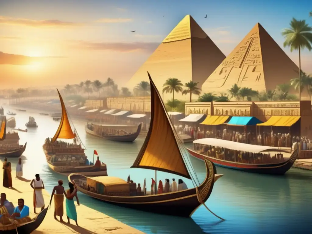 Bullicioso puerto egipcio en el Nilo, con barcos adornados de jeroglíficos y velas coloridas