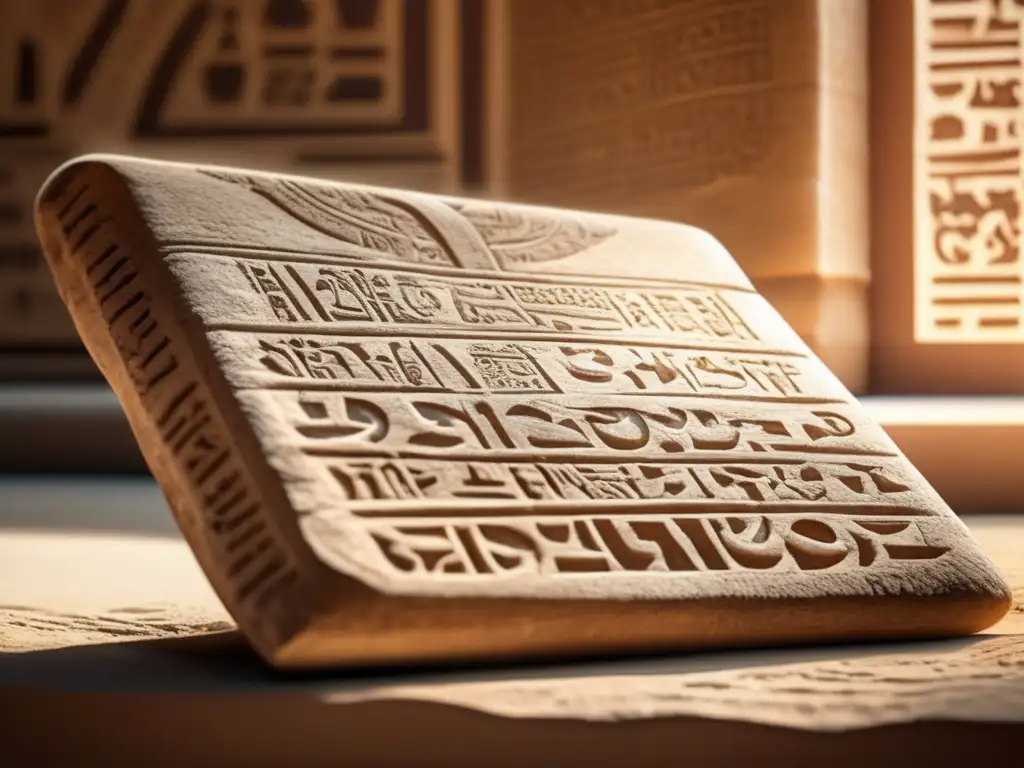 Búsqueda de idiomas desconocidos en Egipto: Una tableta de piedra desgastada cubierta de jeroglíficos antiguos se destaca en primer plano