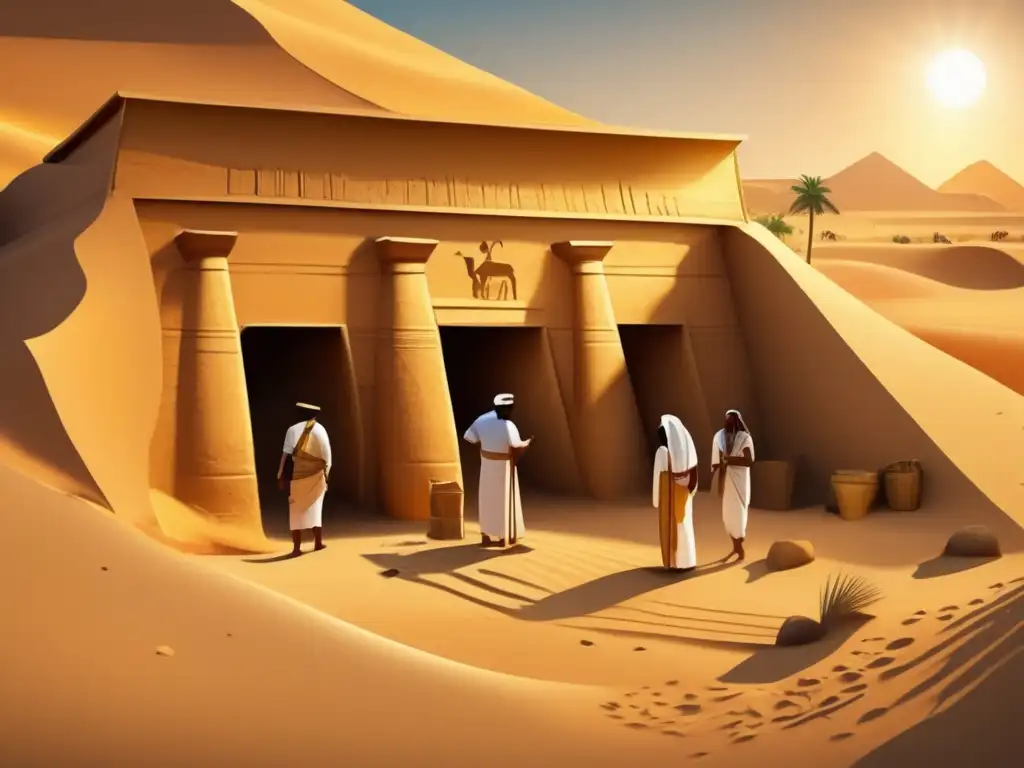 Búsqueda de tumbas faraónicas en un sitio de excavación egipcio, bañado por la cálida luz dorada