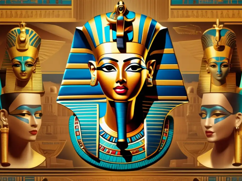 Busto de la reina Nefertiti rodeado de una evolución de bustos reales egipcios y obras de arte contemporáneas inspiradas en ellos