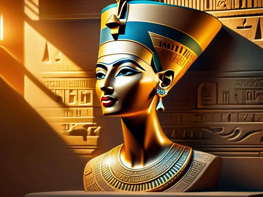 La desaparición de Nefertiti: Un busto vintage de detalles intrincados y rasgos desgastados, en un pedestal contra jeroglíficos egipcios