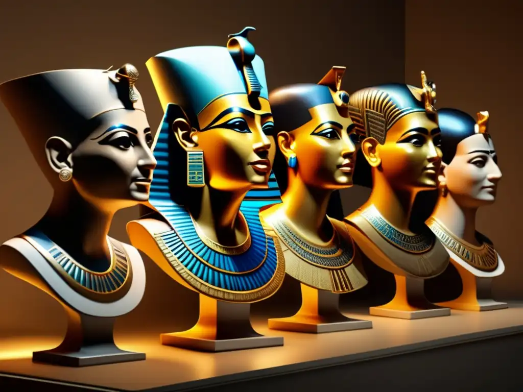 Una fotografía vintage de bustos reales egipcios en un museo, muestra la evolución de estas piezas de arte en un ambiente misterioso y dramático