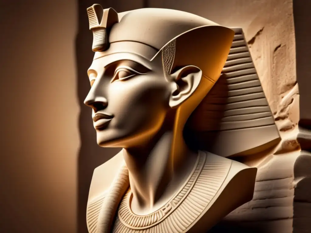 La icónica cabeza de faraón Akenatón, tallada en piedra arenisca, se destaca en un fondo vintage con suaves luces