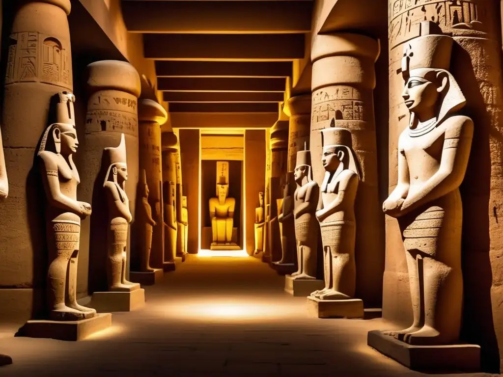 La Cachette de Karnak, una cámara polvorienta e iluminada tenue, llena de estatuas reales imponentes
