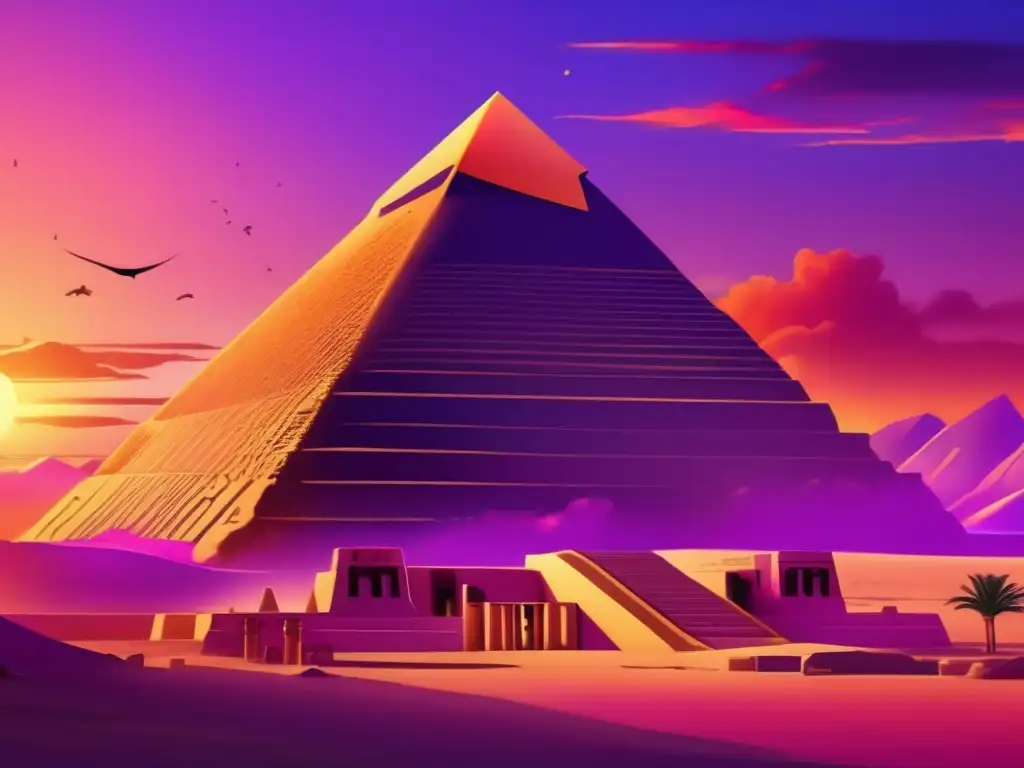 Caída de los dioses en Egipto: Un atardecer en el antiguo Egipto, con un templo majestuoso y un paisaje envuelto en colores vibrantes