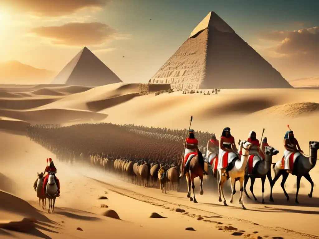 Caída de los dioses en Egipto: Una imagen vintage que muestra guerreros egipcios defendiendo su tierra contra invasiones extranjeras al atardecer en las orillas del Nilo y las pirámides de Giza al fondo