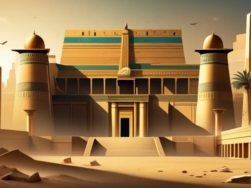 Caída del poder faraónico en la VI dinastía: Un palacio en ruinas con hieroglíficos y columnas deterioradas, evidenciando el abandono y la decadencia
