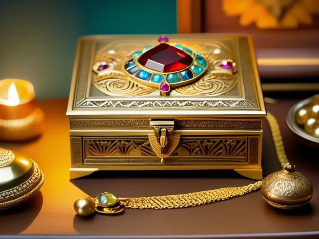 Una fotografía vintage de una caja de joyería egipcia bellamente diseñada, decorada con piedras preciosas y grabados intrincados