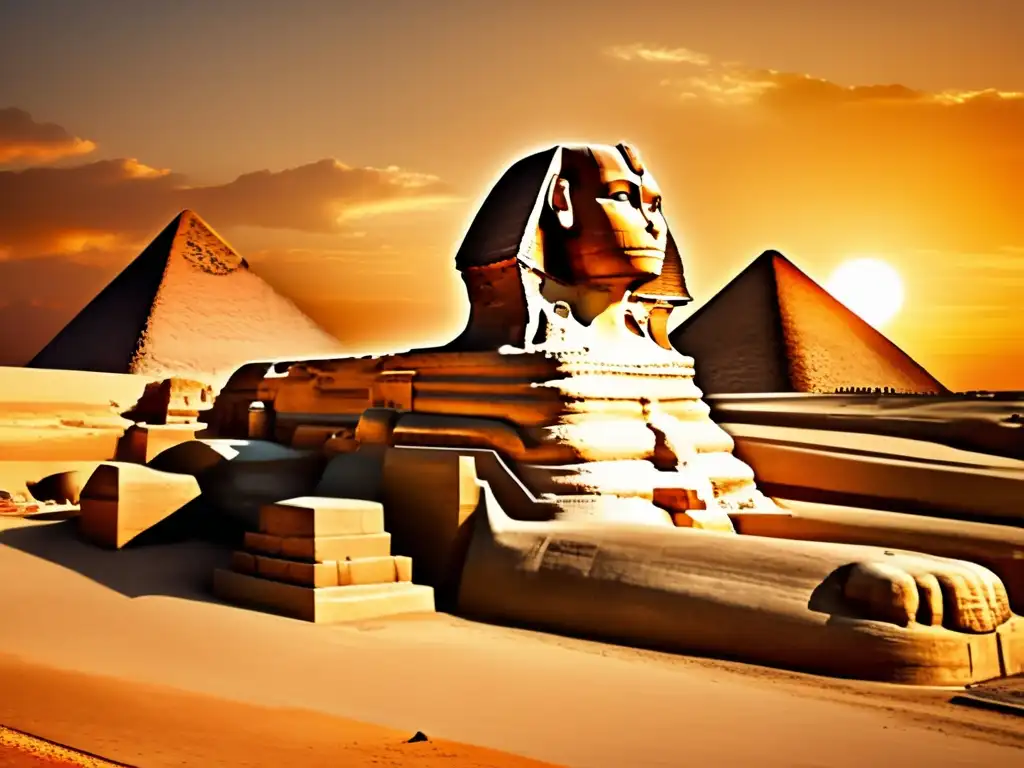 La cálida luz del atardecer baña la Gran Esfinge de Giza y las pirámides en el fondo