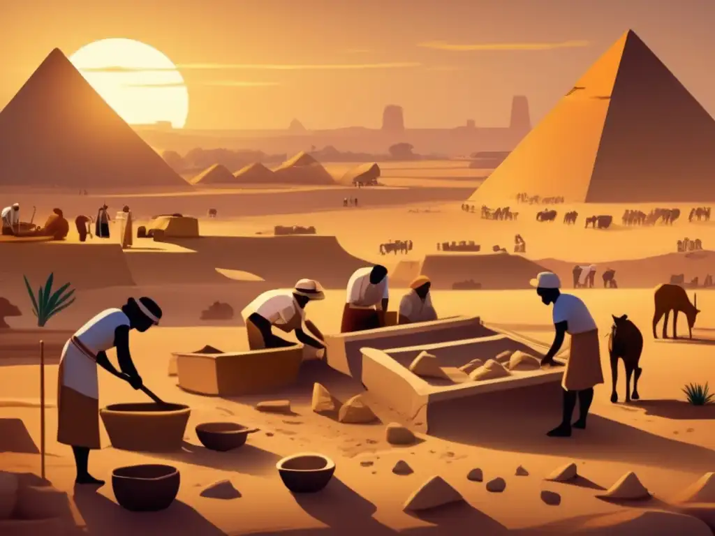 Bajo la cálida luz del atardecer, un equipo de arqueólogos desentierra tesoros en un sitio de excavación de la era Predinástica en Egipto