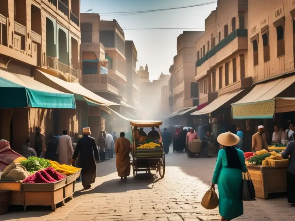Una calle urbana bulliciosa en Egipto, llena de coloridos puestos de mercado y personas viviendo su vida diaria