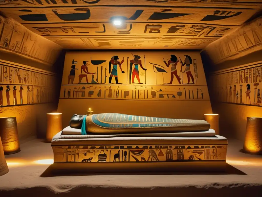 Una cámara en una antigua tumba egipcia, con murales vibrantes, jeroglíficos y una momia en conservación
