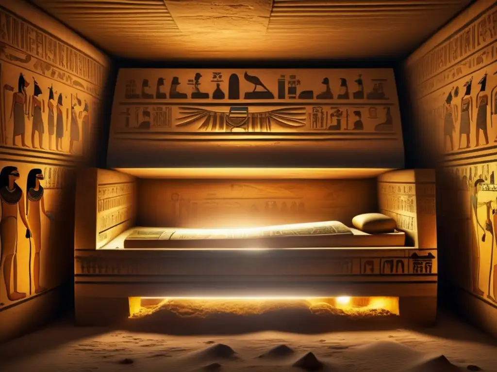 Una cámara funeraria antigua llena de sarcófagos decorados y restos momificados