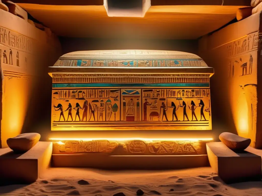 Una cámara funeraria del Antiguo Egipto, iluminada por antorchas, revela estructuras subterráneas misteriosas