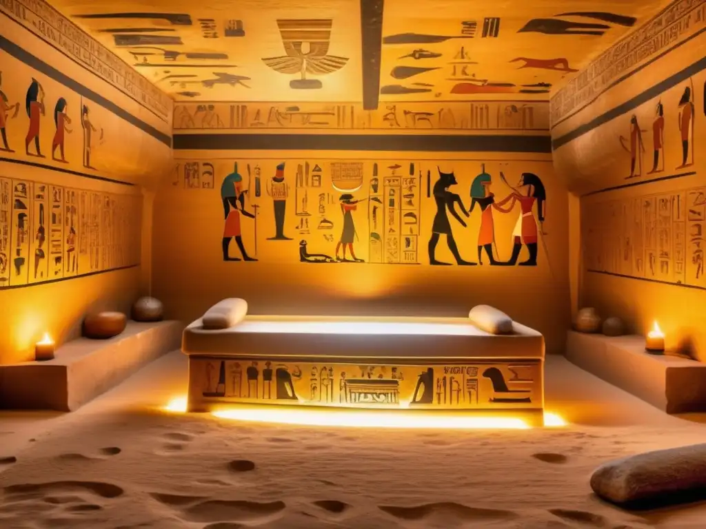 Una cámara funeraria en el Antiguo Egipto, llena de arte simbólico y jeroglíficos