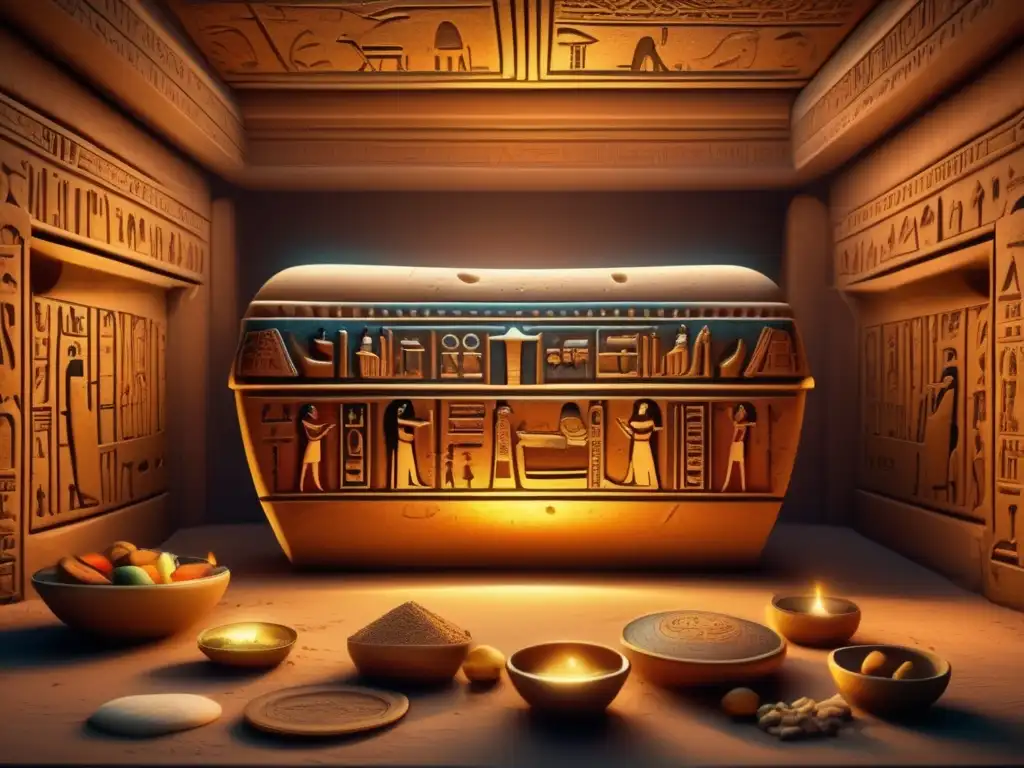 Una cámara funeraria egipcia antigua, detallada y adornada con jeroglíficos e intrincados símbolos