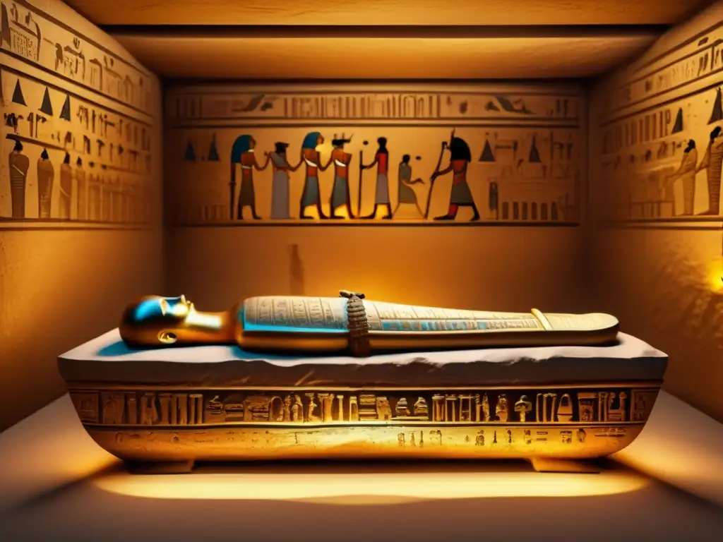 Una cámara funeraria egipcia antigua, con jeroglíficos intrincados y momias bellamente conservadas