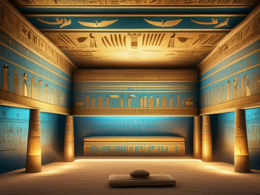 Una cámara funeraria egipcia antigua, con jeroglíficos y murales detallados que retratan escenas de la vida después de la muerte