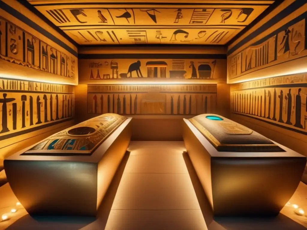 Una cámara funeraria egipcia antigua, detallada en 8k, muestra escenas de prácticas funerarias en el Antiguo Egipto