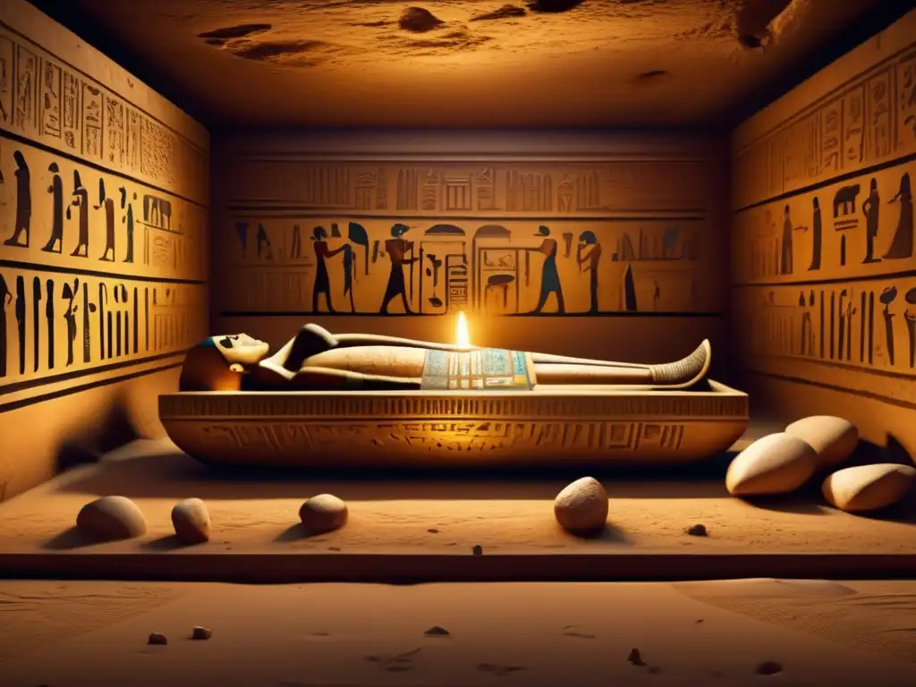 Una cámara funeraria egipcia antigua, llena de artefactos, restos momificados y jeroglíficos intrincados