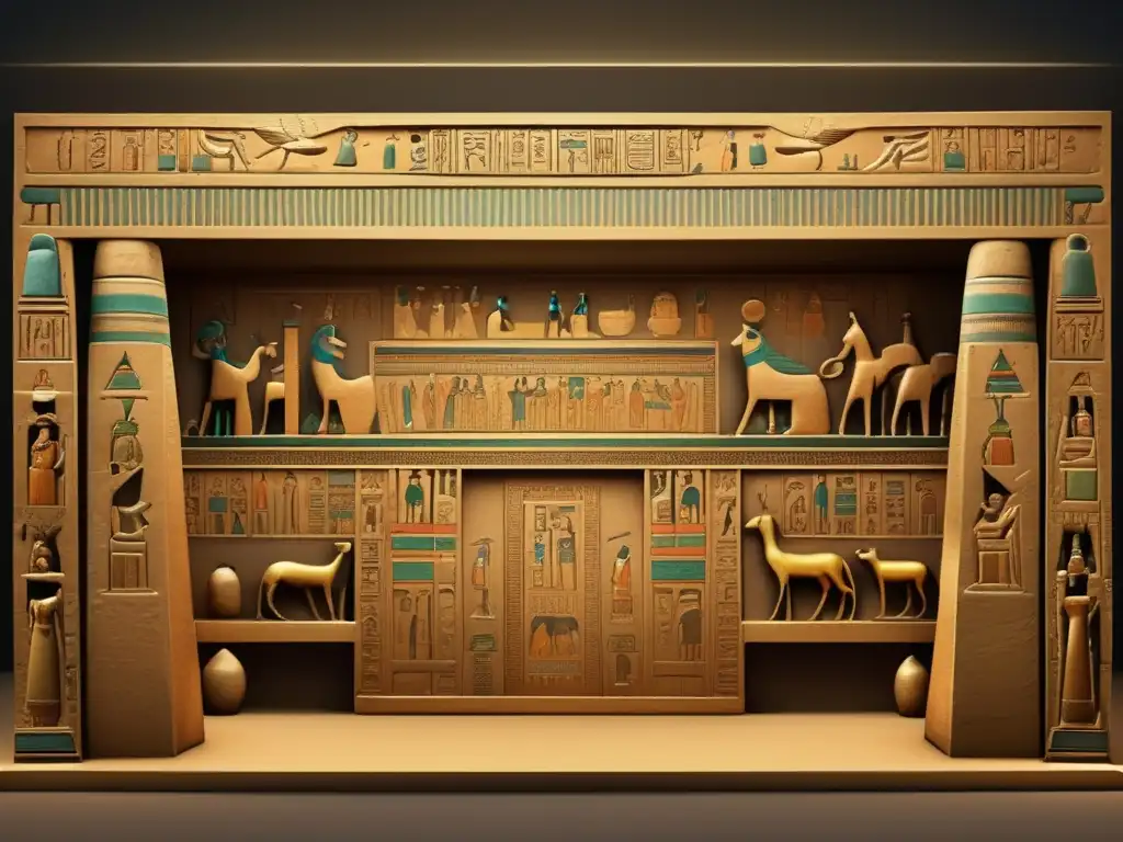 Una cámara funeraria egipcia antigua, llena de estatuas, relieves y joyas de arte dinástico temprano Egipto, que exhibe opulencia y grandiosidad