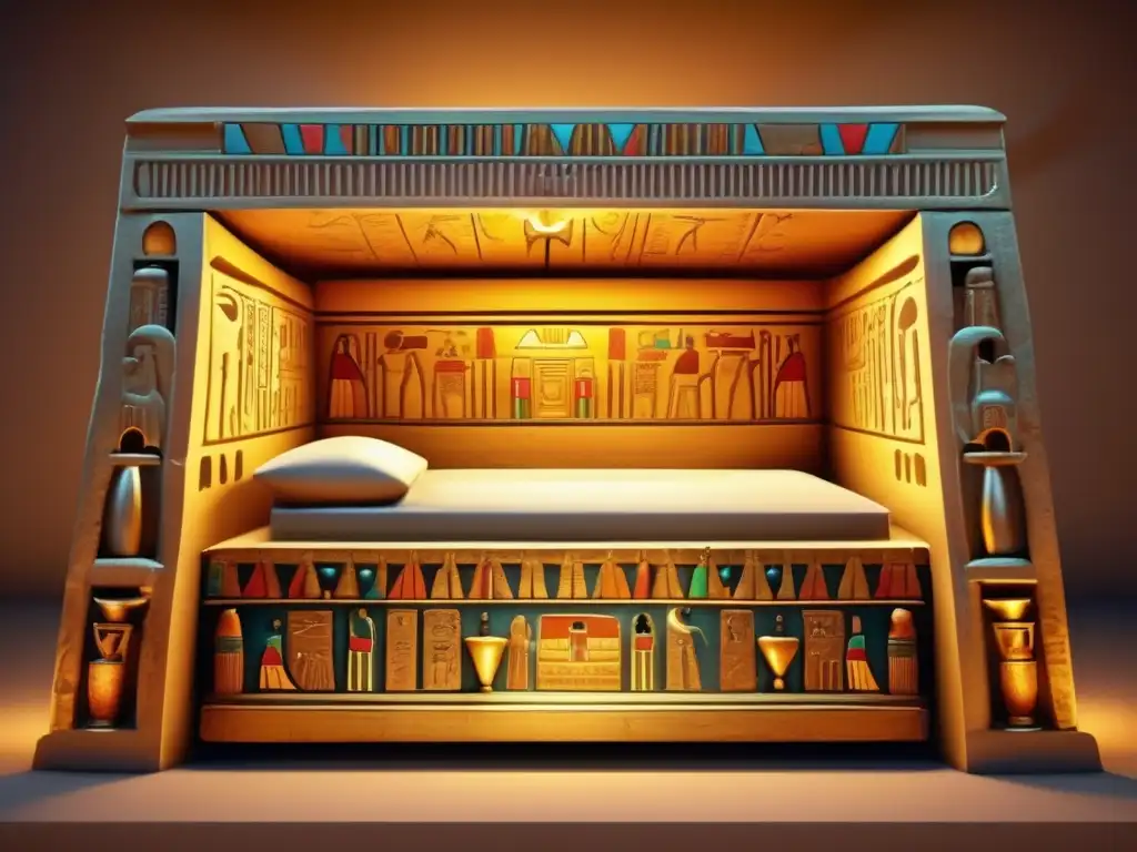 Una cámara funeraria egipcia antigua, iluminada por el suave resplandor de antorchas