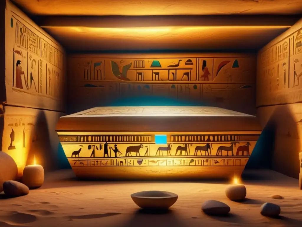 Una cámara funeraria egipcia antigua detalladamente decorada con jeroglíficos y pinturas de pared