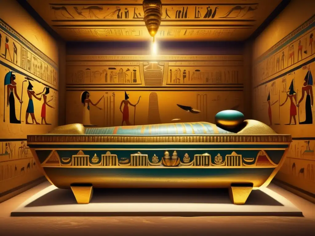 Una cámara funeraria egipcia antigua, llena de jeroglíficos intrincados y pinturas vibrantes