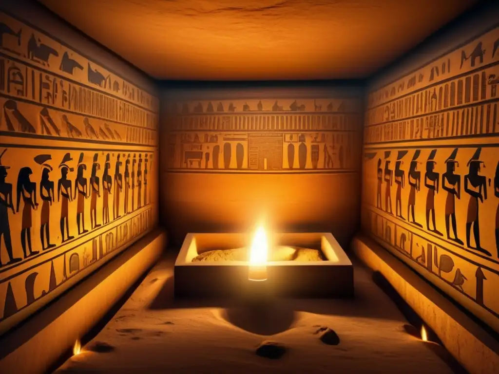 Una cámara funeraria egipcia antigua, iluminada por tenue luz de antorchas, llena de sarcófagos decorados con jeroglíficos