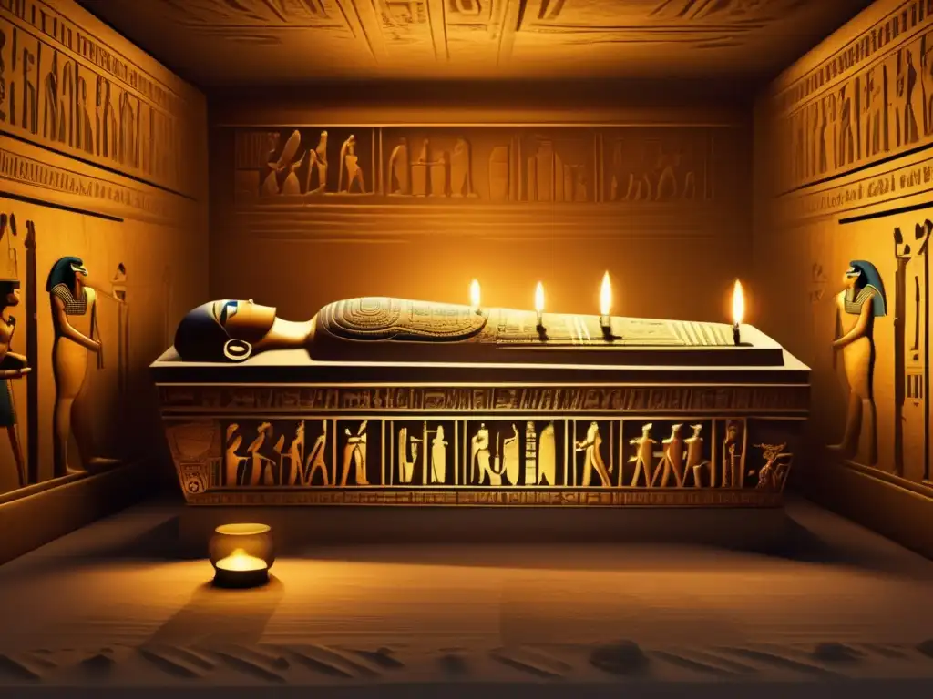 Una cámara funeraria egipcia antigua iluminada tenuemente por antorchas, revela un sarcófago adornado con jeroglíficos y acentos dorados