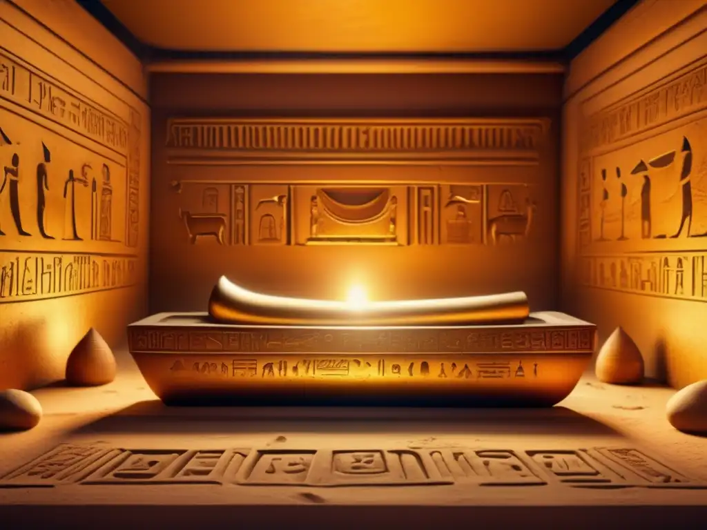 Una cámara funeraria egipcia antigua, bañada en suave luz dorada, con jeroglíficos intrincados en las paredes y un sarcófago en el centro