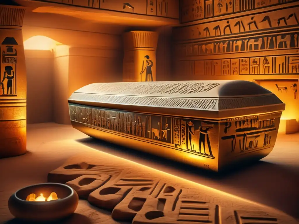 Una cámara funeraria egipcia antigua, iluminada tenuemente, llena de jeroglíficos y rituales de ofrendas
