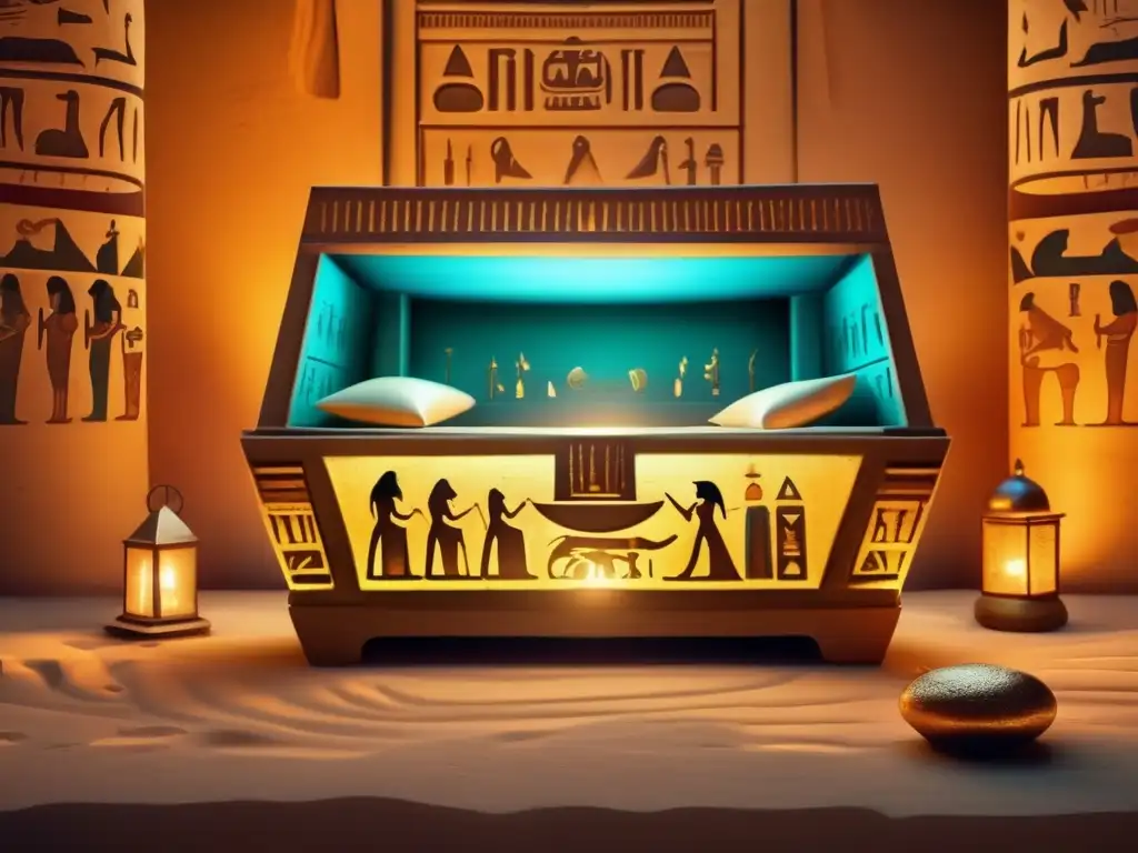 Una cámara funeraria egipcia antigua, iluminada por la tenue luz de una linterna vintage
