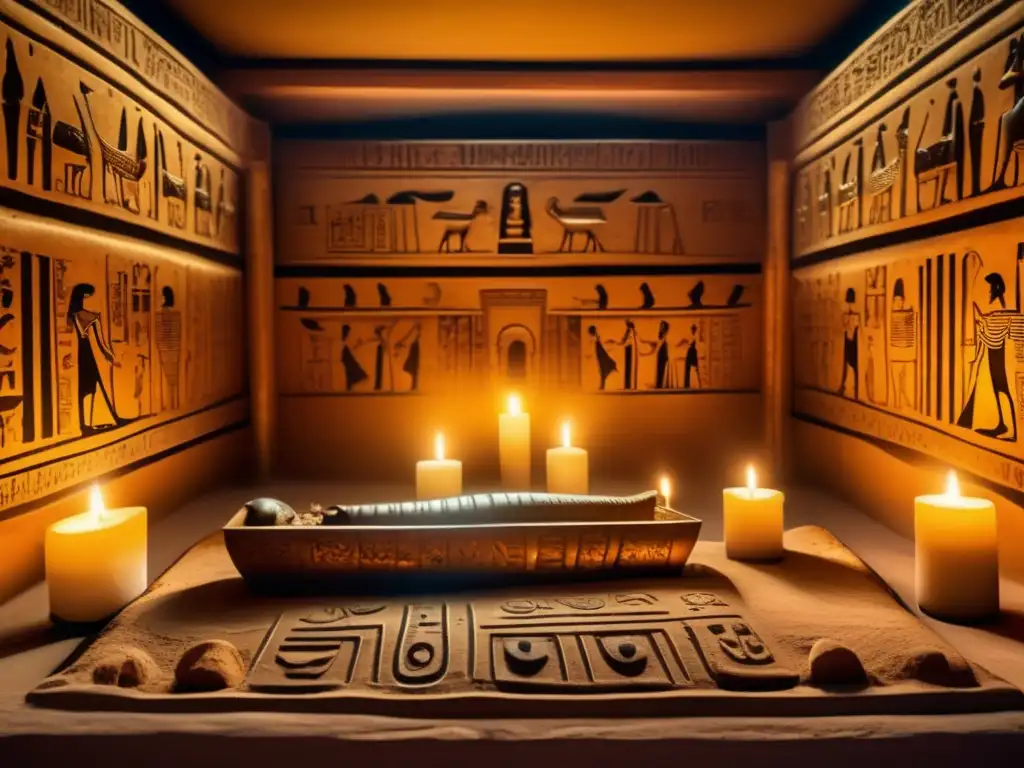 Una cámara funeraria egipcia antigua, llena de jeroglíficos y tallas ornamentadas, muestra la importancia de los rituales de mumificación en Egipto
