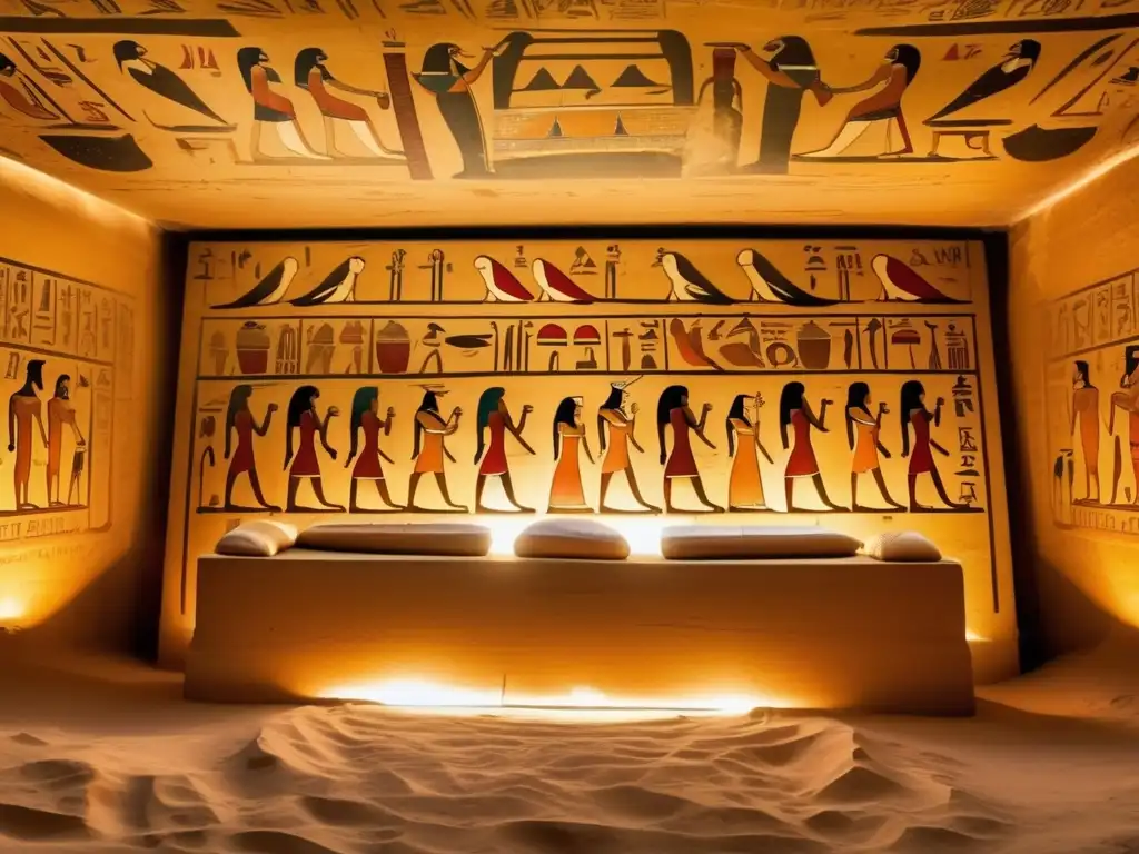 Una cámara funeraria egipcia vintage detallada muestra la evolución de los ritos funerarios en Egipto